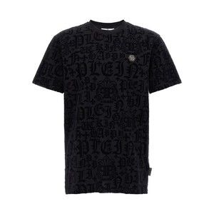 Philipp Plein Black Velvet Logo T-Shirt With Crew Neck - NWT